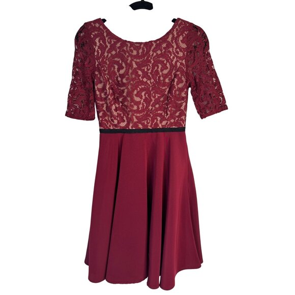 2/$30 Slate & Willow Size 4 Burgundy Lace Top Fit & Flare Mini Dress - Picture 3 of 16